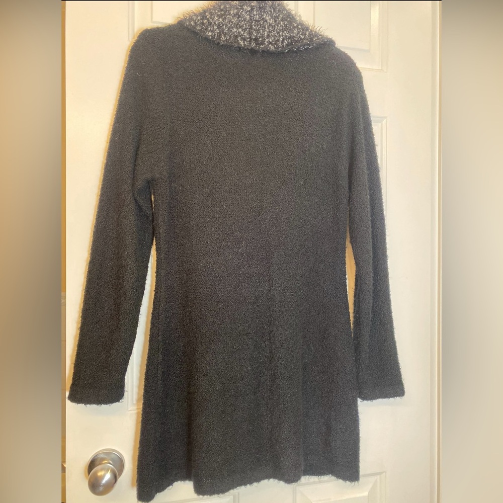Black Long Bouclé Coat with Textured Trim - Picture 2 of 3